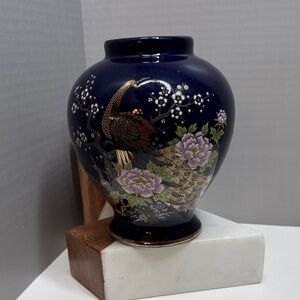 Vintage Asian Cobalt Blue Peacock Vase Jar Cherry Blossoms Gold Accents
